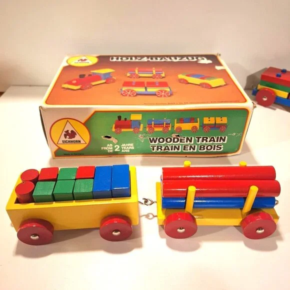Eichhorn Holz-Bauzug Wooden Blocks Train Complete Set Original Box Vintage - Picture 4 of 12